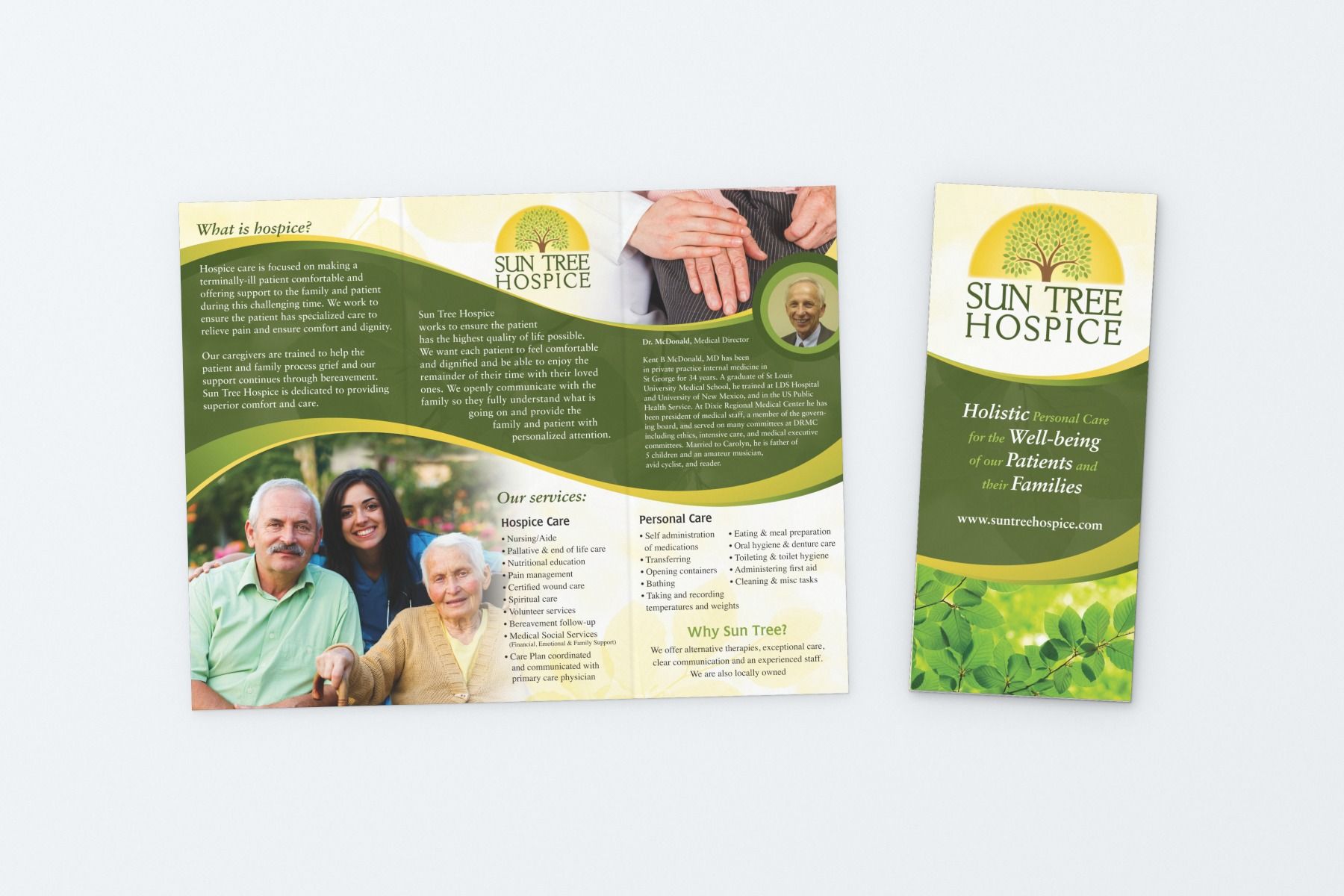 Sun Tree Hospice brochure, open and closed.